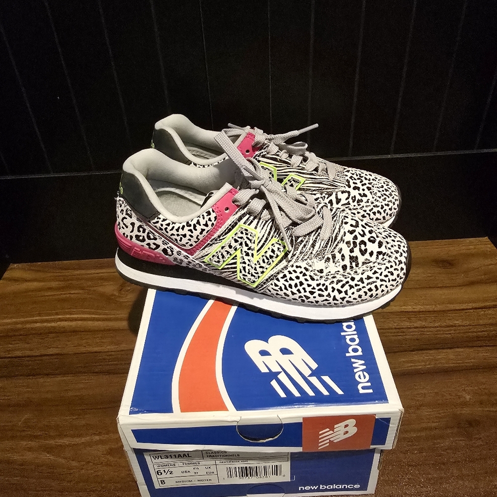 New Balance Womens LIMITED EDITION Leopard Print Sneakers - Black and Pink
